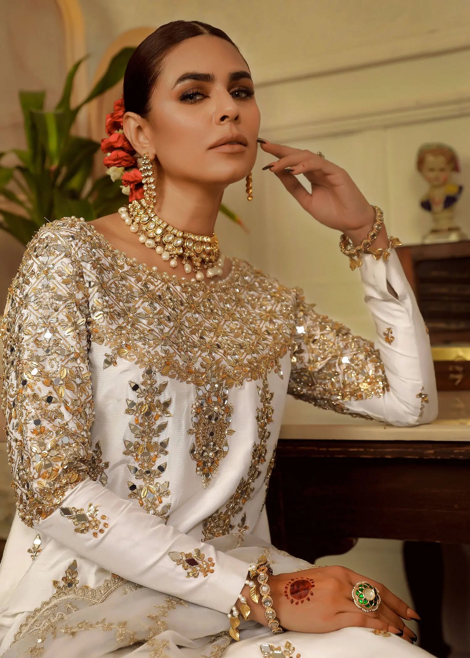 Ivory Embroidered Raw Silk Salwar Kameez (3-Piece) - Image 10