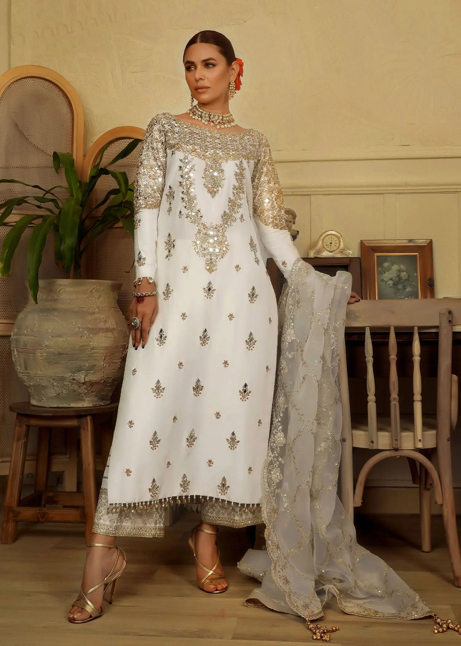 Ivory Embroidered Raw Silk Salwar Kameez (3-Piece) - Image 11