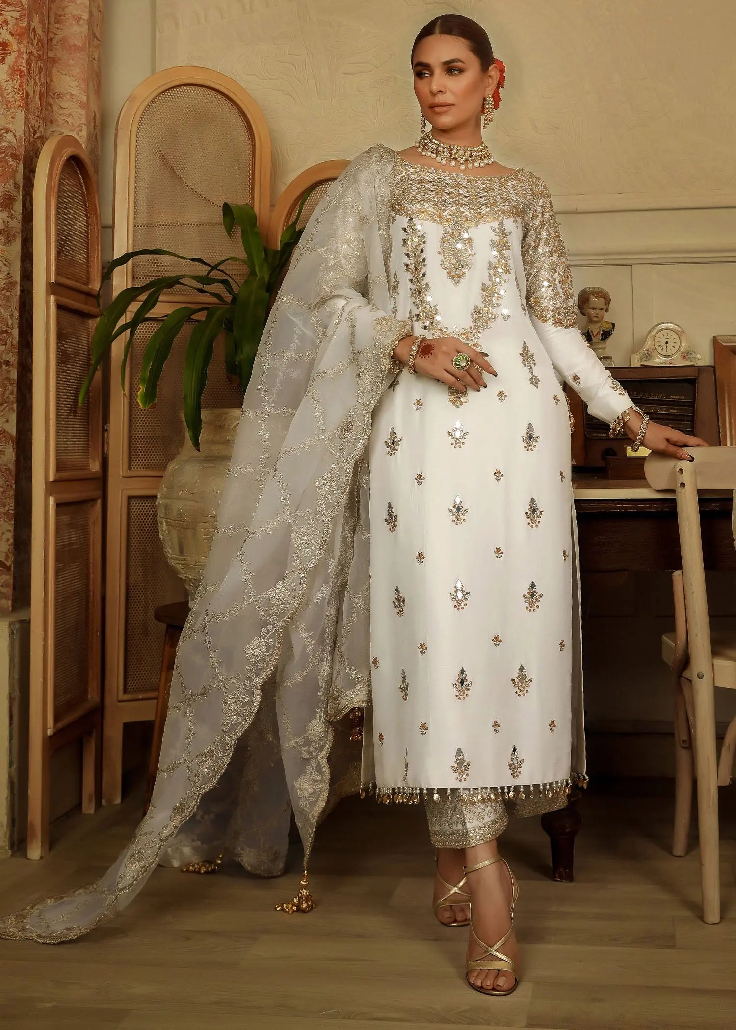 Ivory Embroidered Raw Silk Salwar Kameez (3-Piece) - Image 12