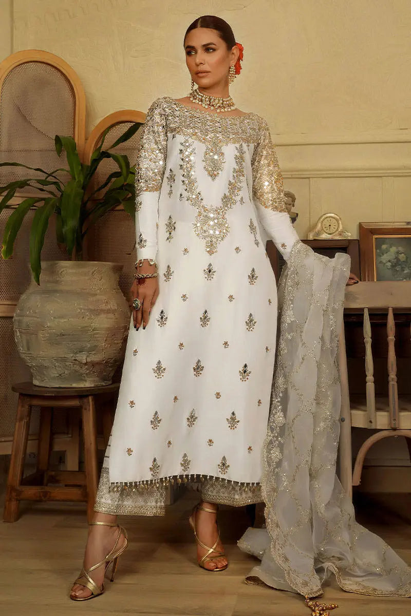 Ivory Embroidered Raw Silk Salwar Kameez (3-Piece) - Image 3