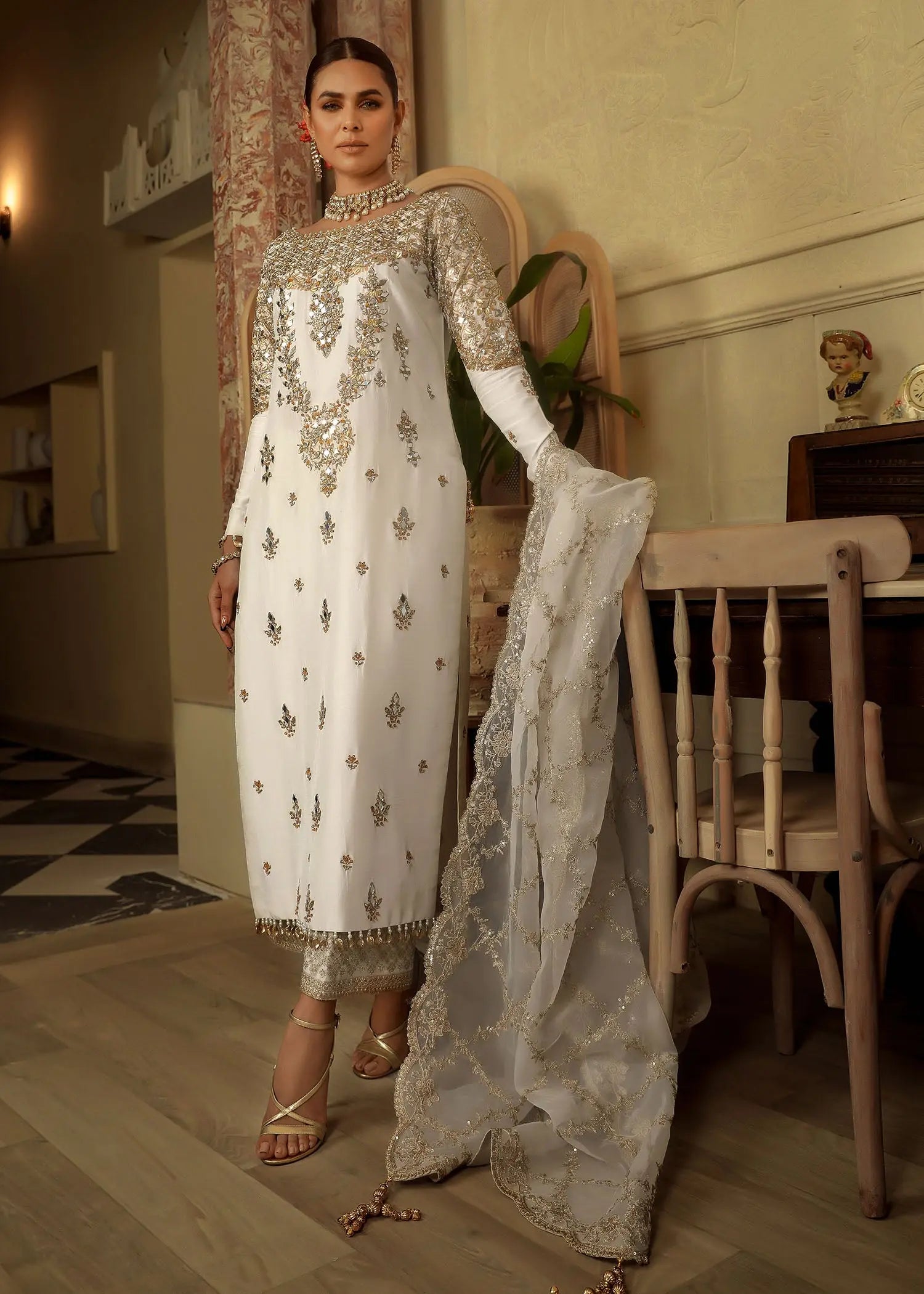 Ivory Embroidered Raw Silk Salwar Kameez (3-Piece) - Image 4