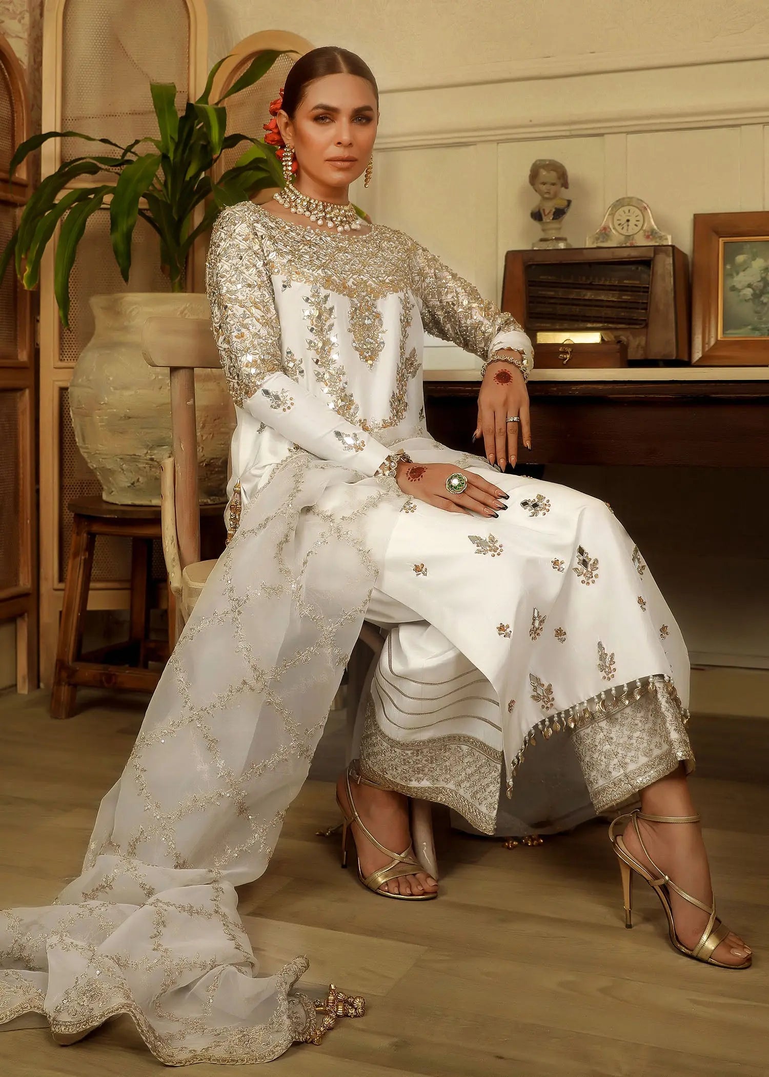 Ivory Embroidered Raw Silk Salwar Kameez (3-Piece) - Image 5