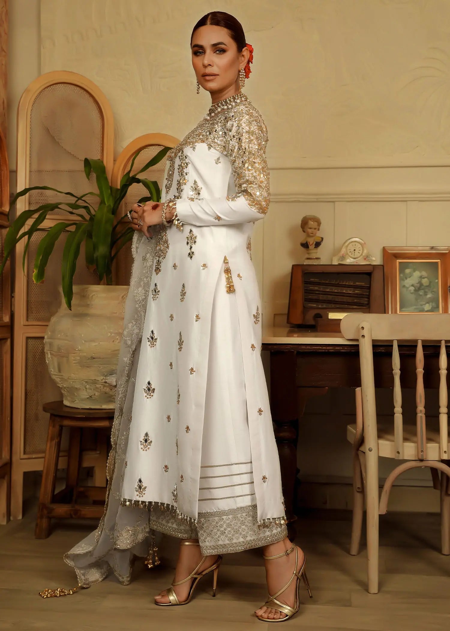 Ivory Embroidered Raw Silk Salwar Kameez (3-Piece) - Image 7