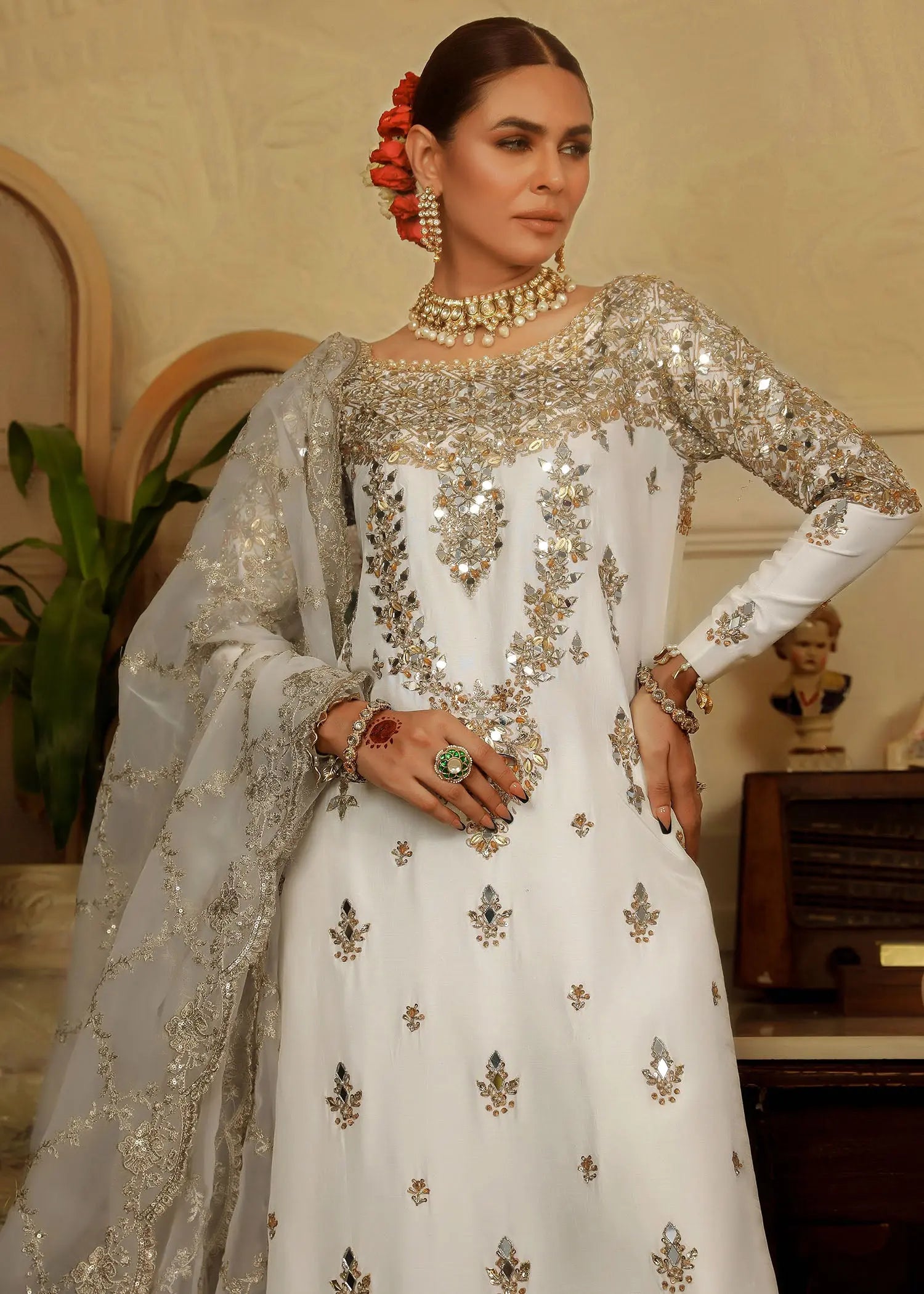 Ivory Embroidered Raw Silk Salwar Kameez (3-Piece) - Image 8