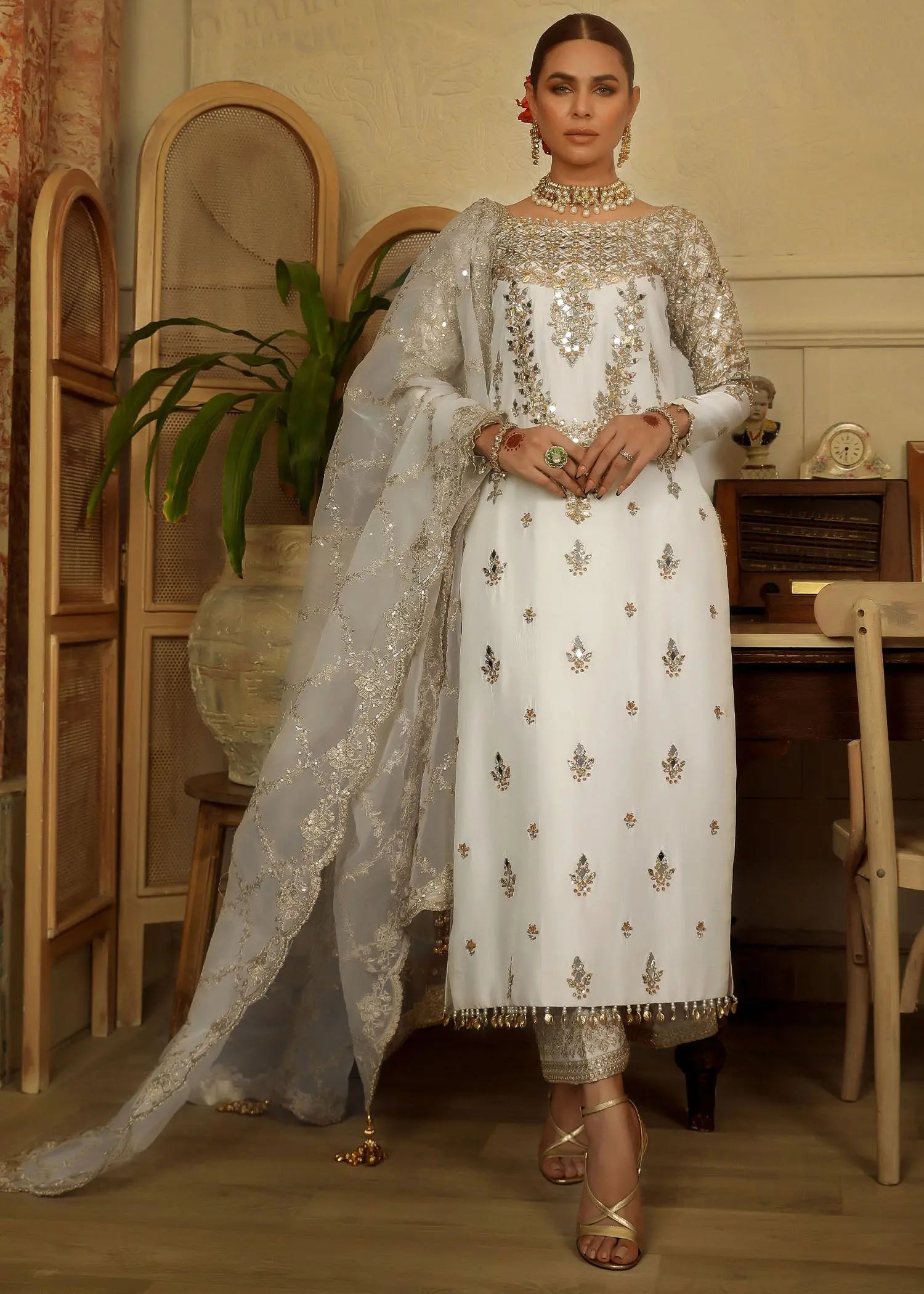 Ivory Embroidered Raw Silk Salwar Kameez (3-Piece) - Image 9