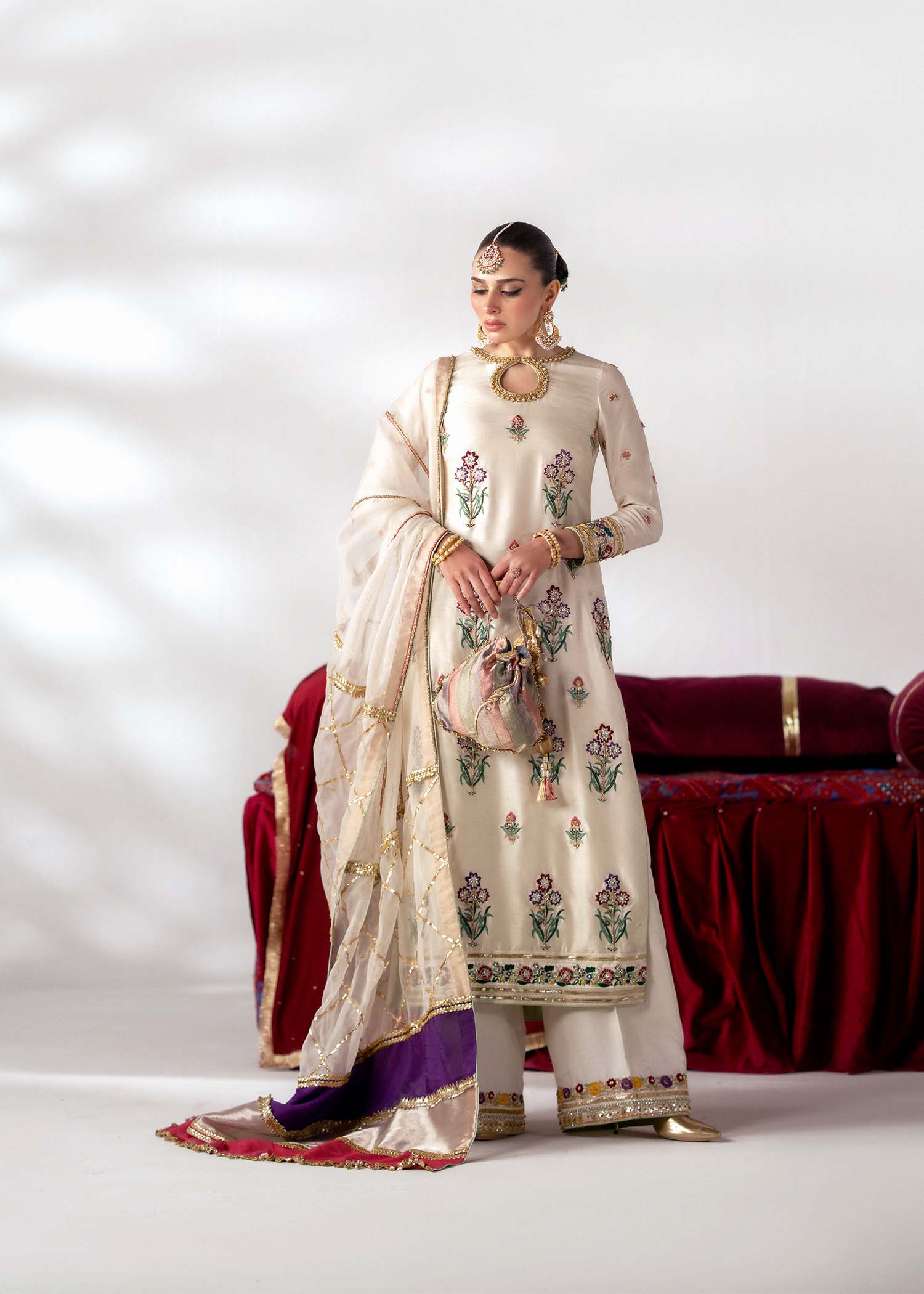 Pakistani Ivory Embroidered Blended Raw Silk Salwar Kameez (3-Piece) - Image 1