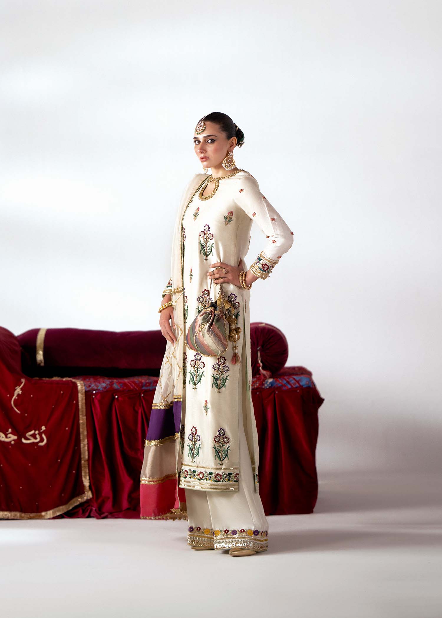 Pakistani Ivory Embroidered Blended Raw Silk Salwar Kameez (3-Piece) - Image 2