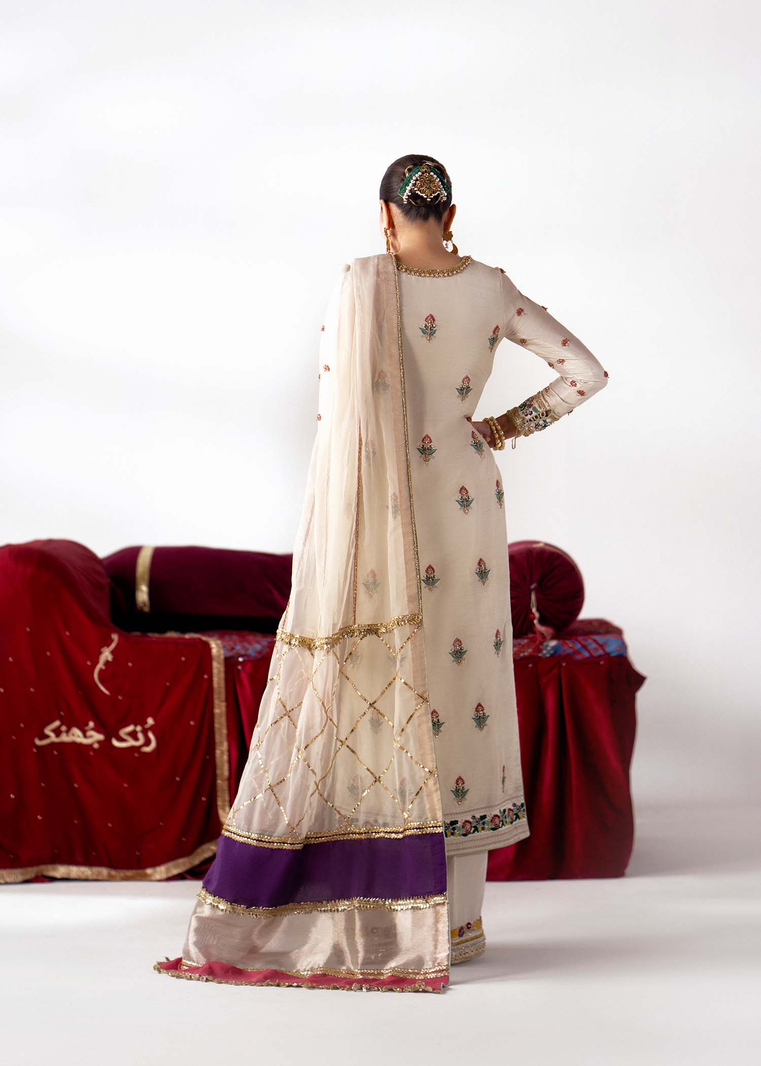 Pakistani Ivory Embroidered Blended Raw Silk Salwar Kameez (3-Piece) - Image 3