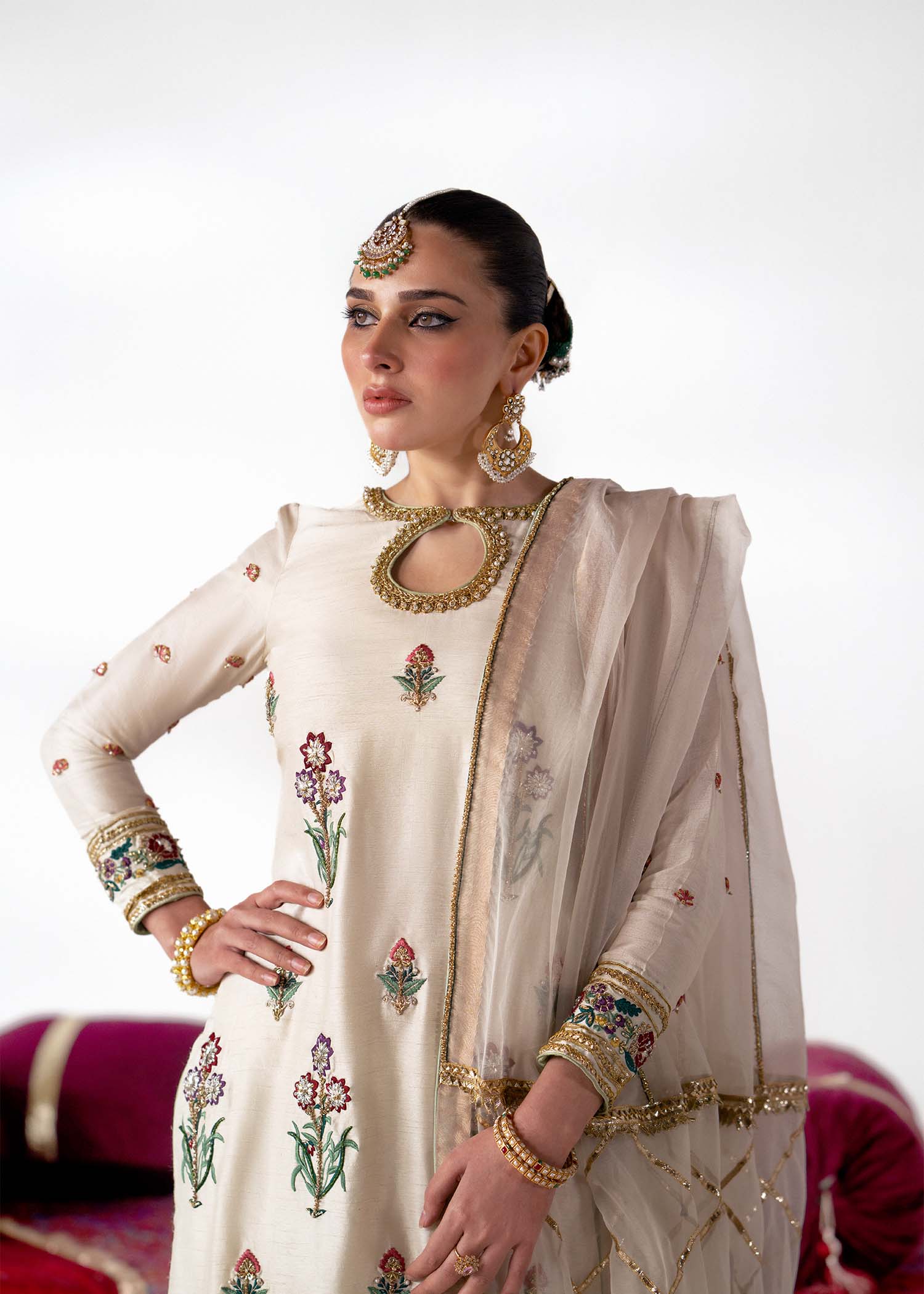 Pakistani Ivory Embroidered Blended Raw Silk Salwar Kameez (3-Piece) - Image 4