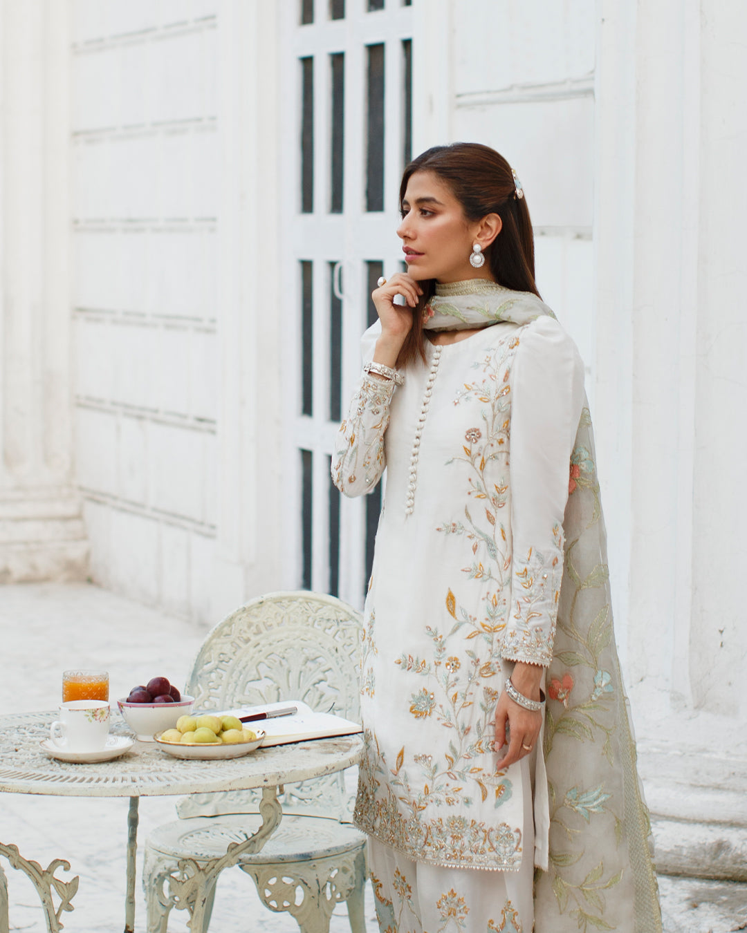 Pakistani Ivory Embroidered Korean Raw Silk Shalwar Kameez (3-Piece) - Image 3