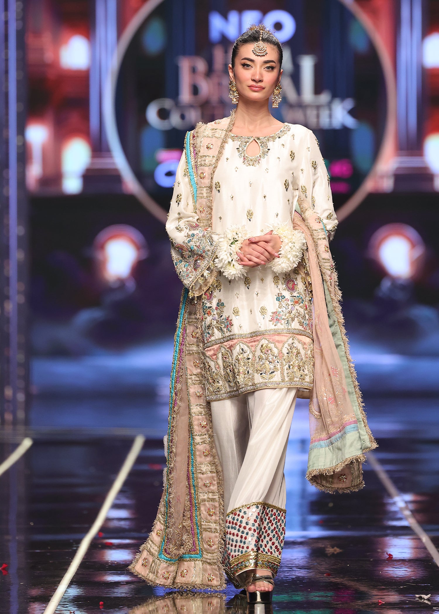 Pakistani Ivory Embroidered Raw Silk Shalwar Kameez (3-Piece) - Image 1