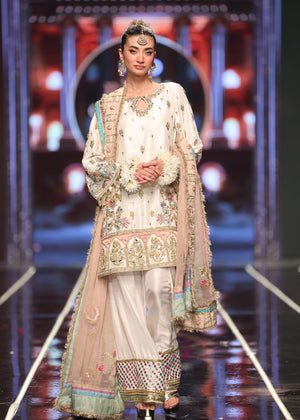 Pakistani Ivory Embroidered Raw Silk Shalwar Kameez (3-Piece) - Image 3