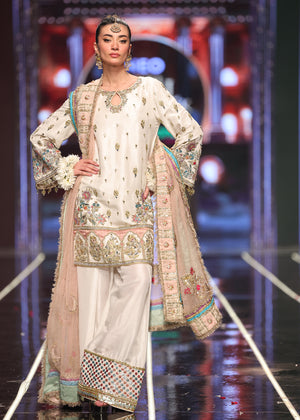 Pakistani Ivory Embroidered Raw Silk Shalwar Kameez (3-Piece) - Image 4