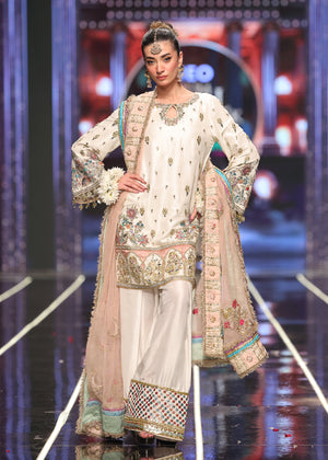 Pakistani Ivory Embroidered Raw Silk Shalwar Kameez (3-Piece) - Image 5