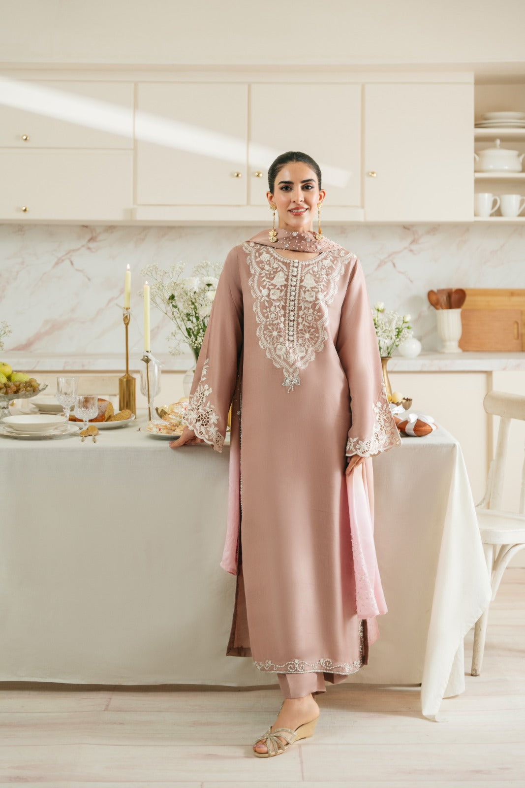 Bisque Embroidered Raw Silk Salwar Kameez (3-Piece) - Image 1