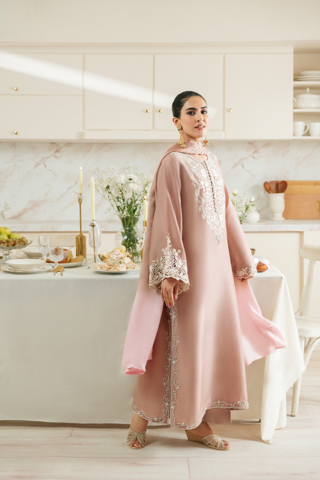 Bisque Embroidered Raw Silk Salwar Kameez (3-Piece) - Image 2