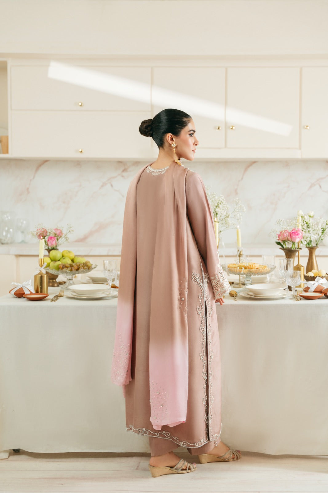 Bisque Embroidered Raw Silk Salwar Kameez (3-Piece) - Image 3