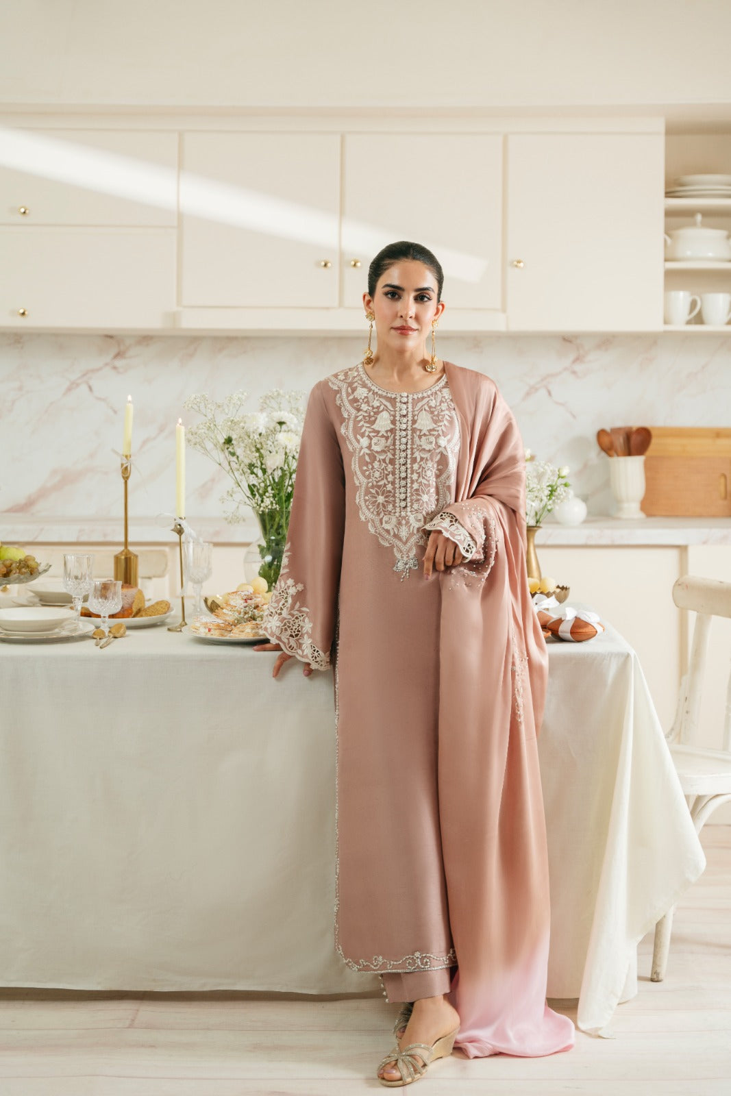 Bisque Embroidered Raw Silk Salwar Kameez (3-Piece) - Image 4