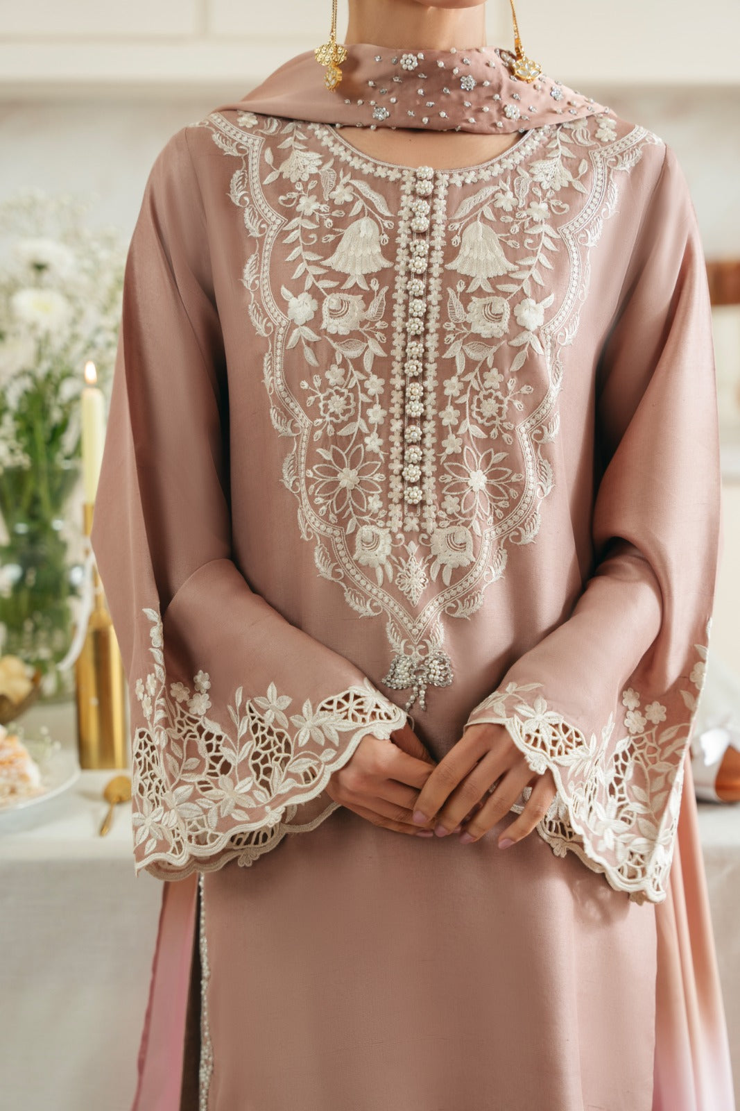 Bisque Embroidered Raw Silk Salwar Kameez (3-Piece) - Image 5