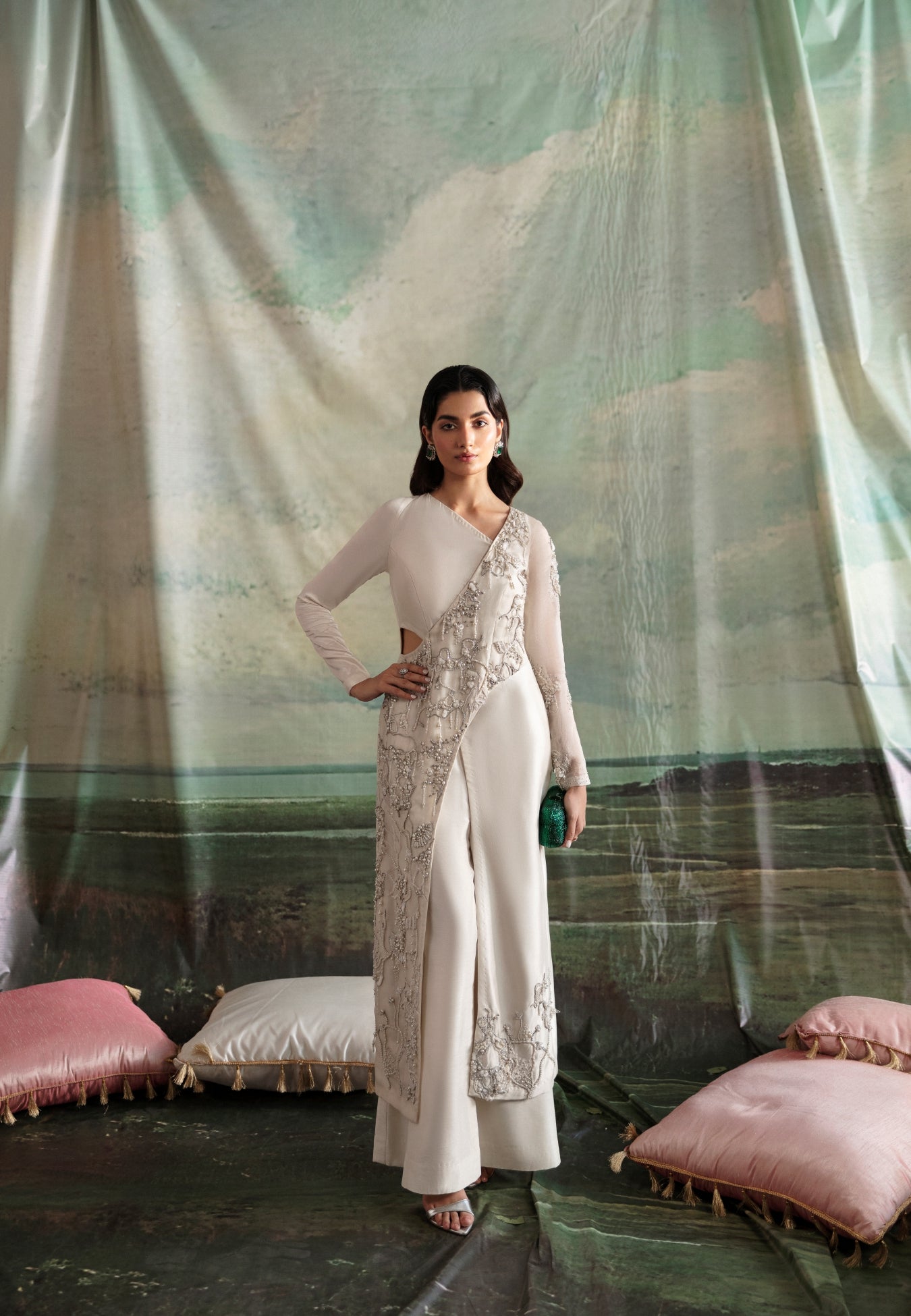 Pakistani Ivory Hand-Embellished Raw Silk Long Shirt (2-Piece) - Image 1