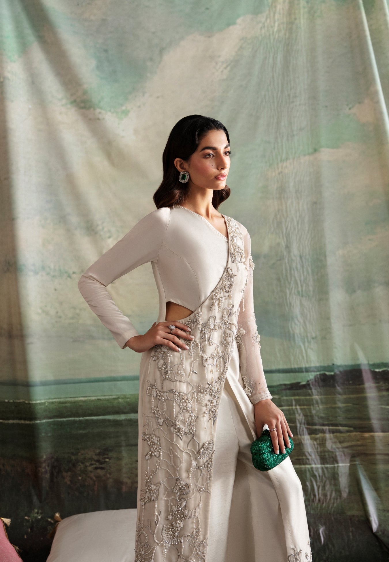 Pakistani Ivory Hand-Embellished Raw Silk Long Shirt (2-Piece) - Image 2