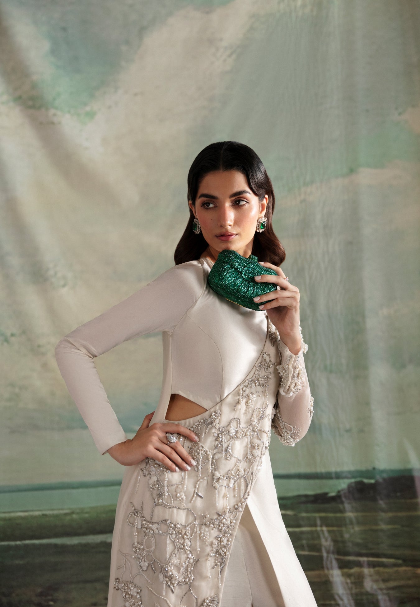 Pakistani Ivory Hand-Embellished Raw Silk Long Shirt (2-Piece) - Image 3