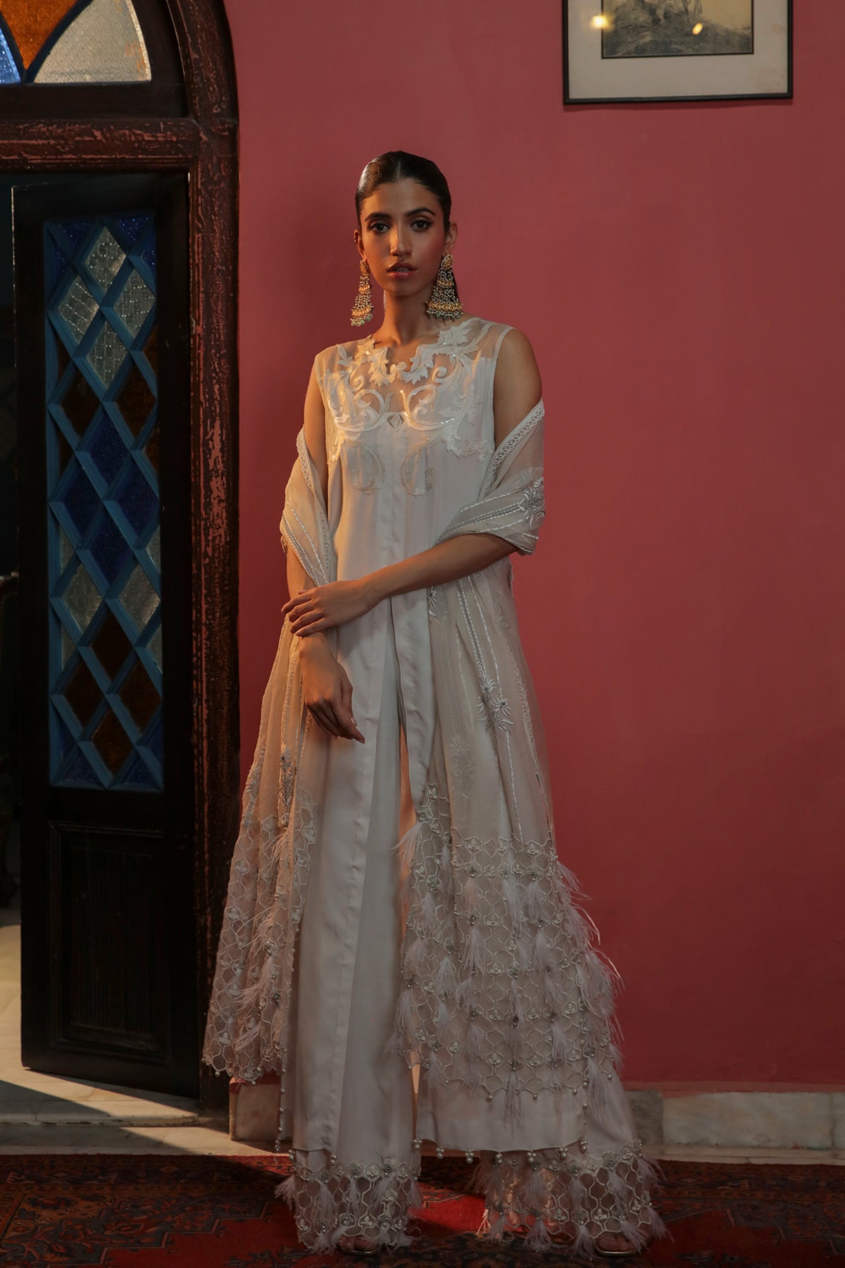 Off White Embellished Raw Silk Salwar Kameez (3-Piece) - Image 1