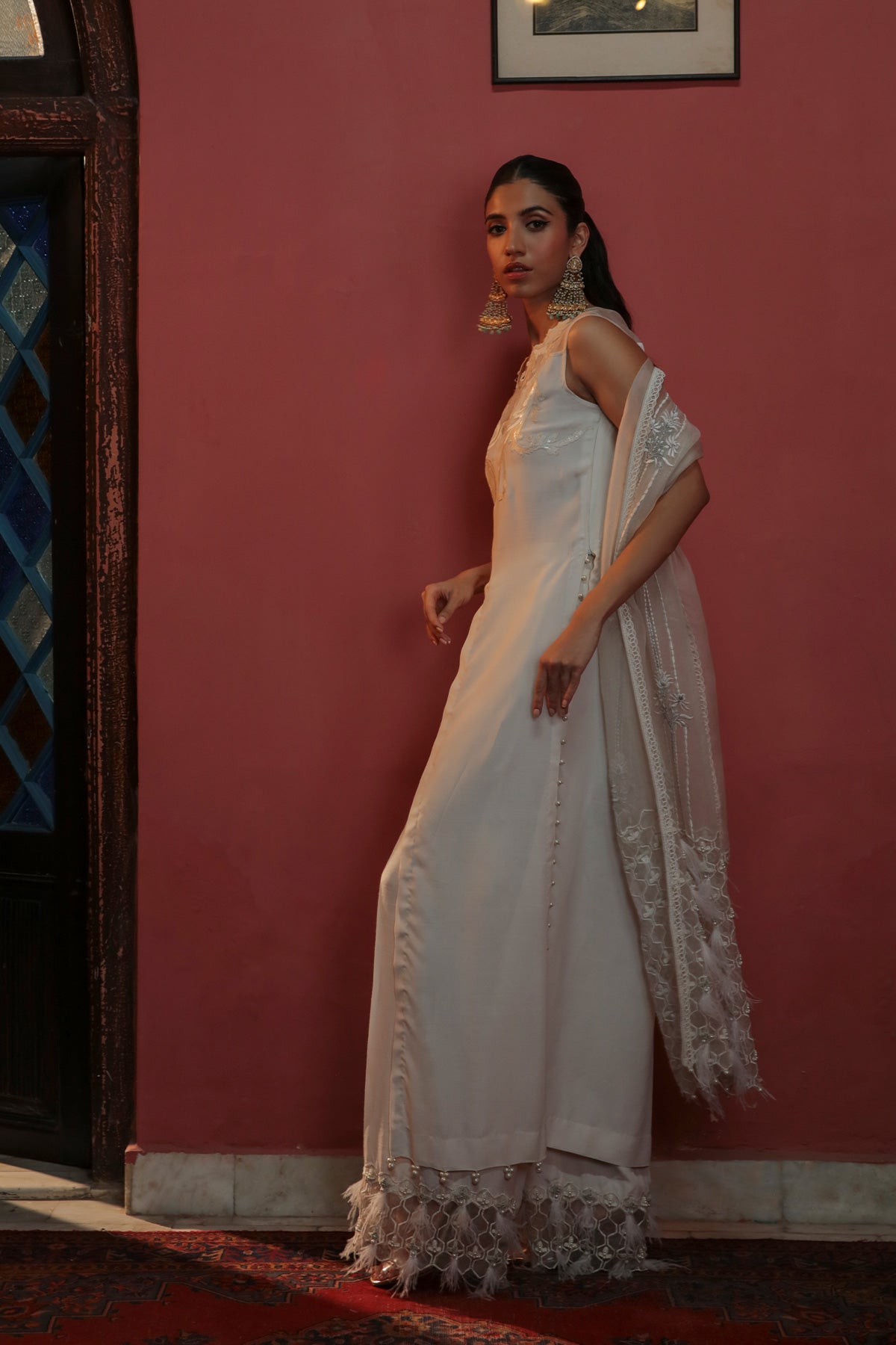 Off White Embellished Raw Silk Salwar Kameez (3-Piece) - Image 2