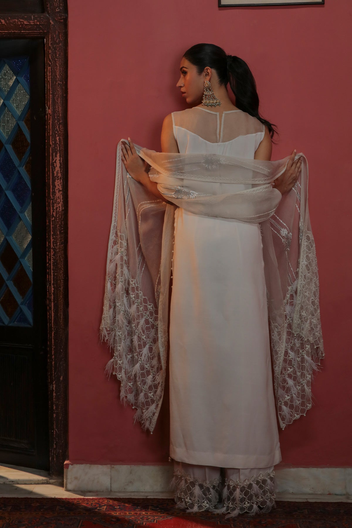 Off White Embellished Raw Silk Salwar Kameez (3-Piece) - Image 3