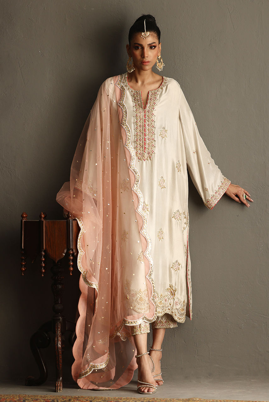 Ivory Handworked Pure Raw Silk Salwar Kameez (3-Piece) - Image 1