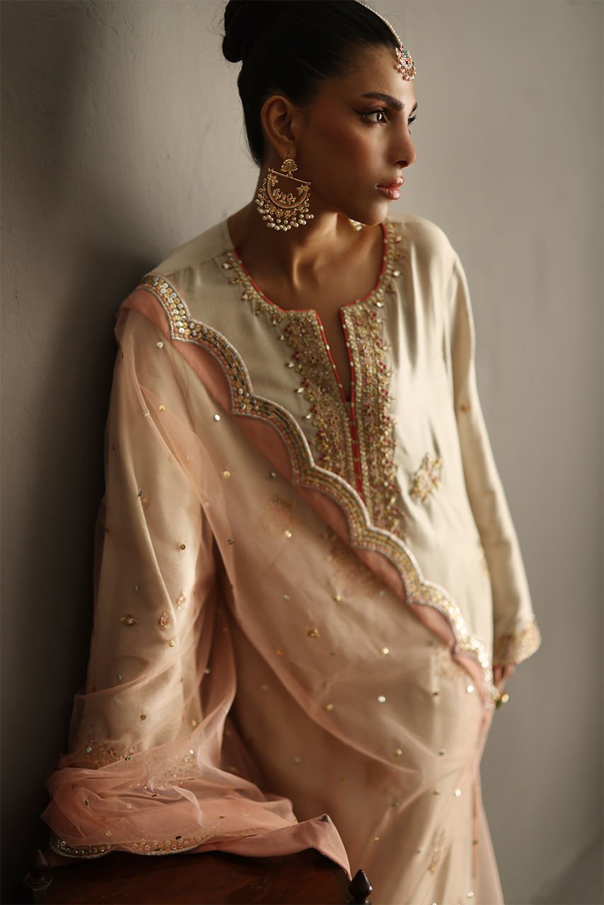 Ivory Handworked Pure Raw Silk Salwar Kameez (3-Piece) - Image 2