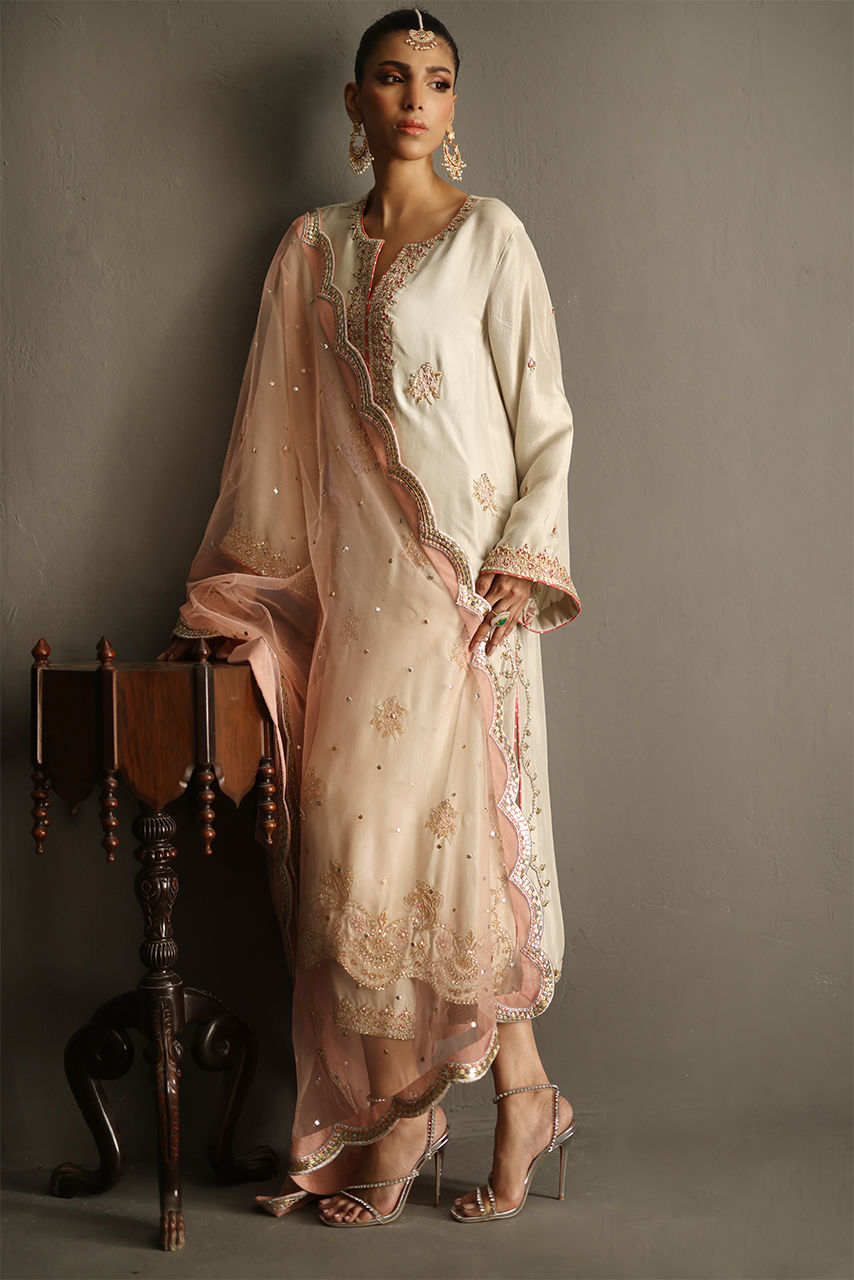 Ivory Handworked Pure Raw Silk Salwar Kameez (3-Piece) - Image 3