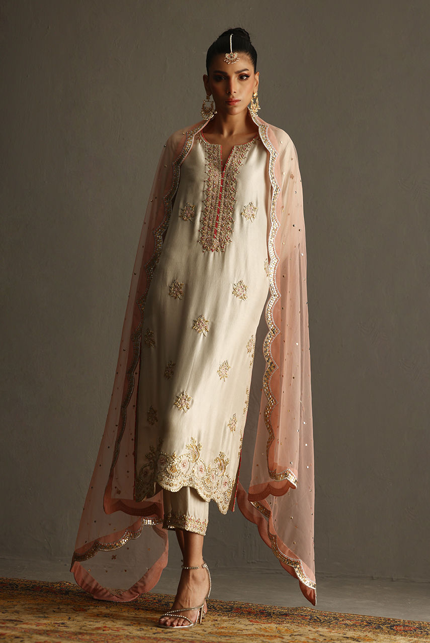 Ivory Handworked Pure Raw Silk Salwar Kameez (3-Piece) - Image 4