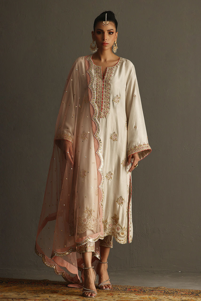 Ivory Handworked Pure Raw Silk Salwar Kameez (3-Piece) - Image 5