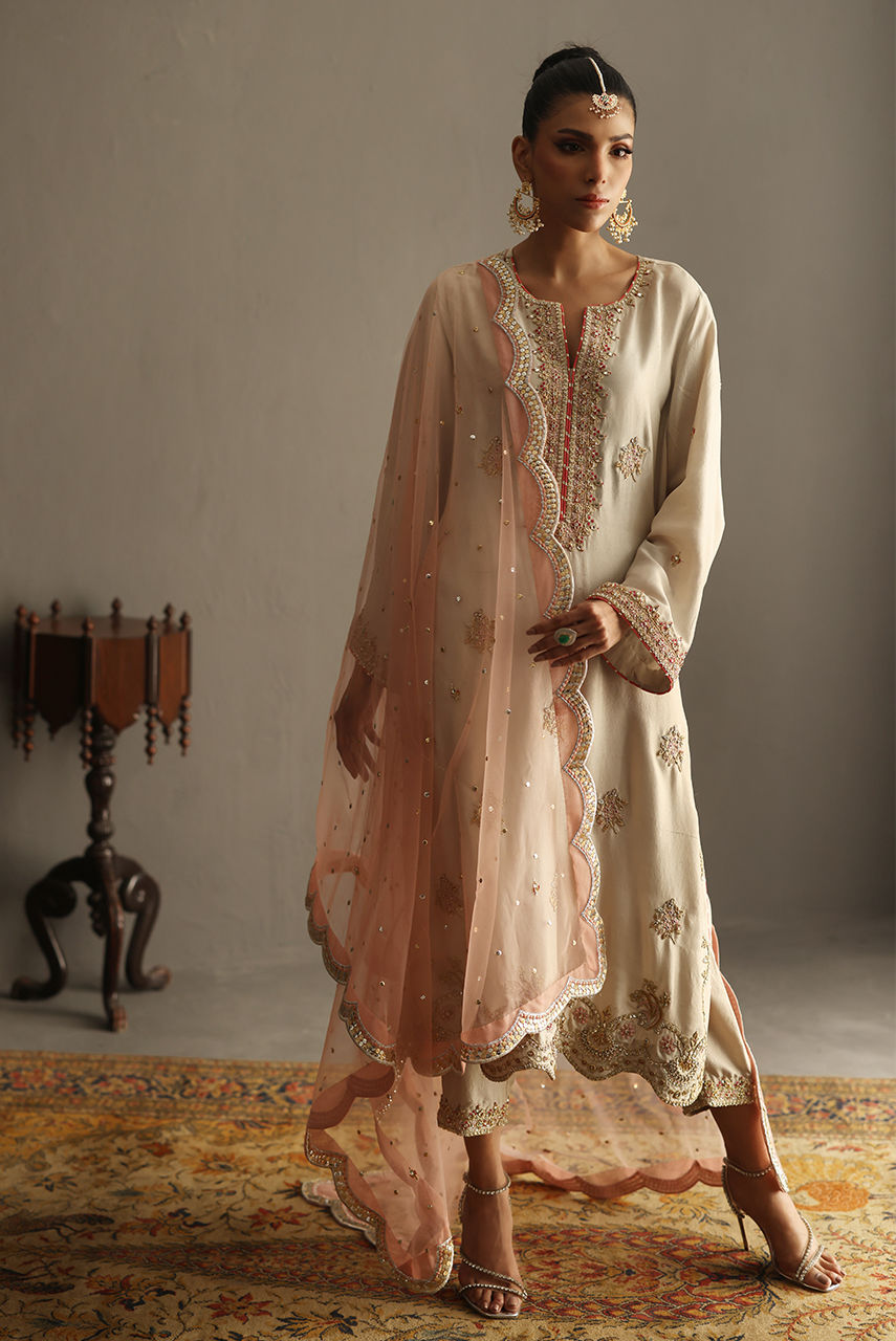 Ivory Handworked Pure Raw Silk Salwar Kameez (3-Piece) - Image 6