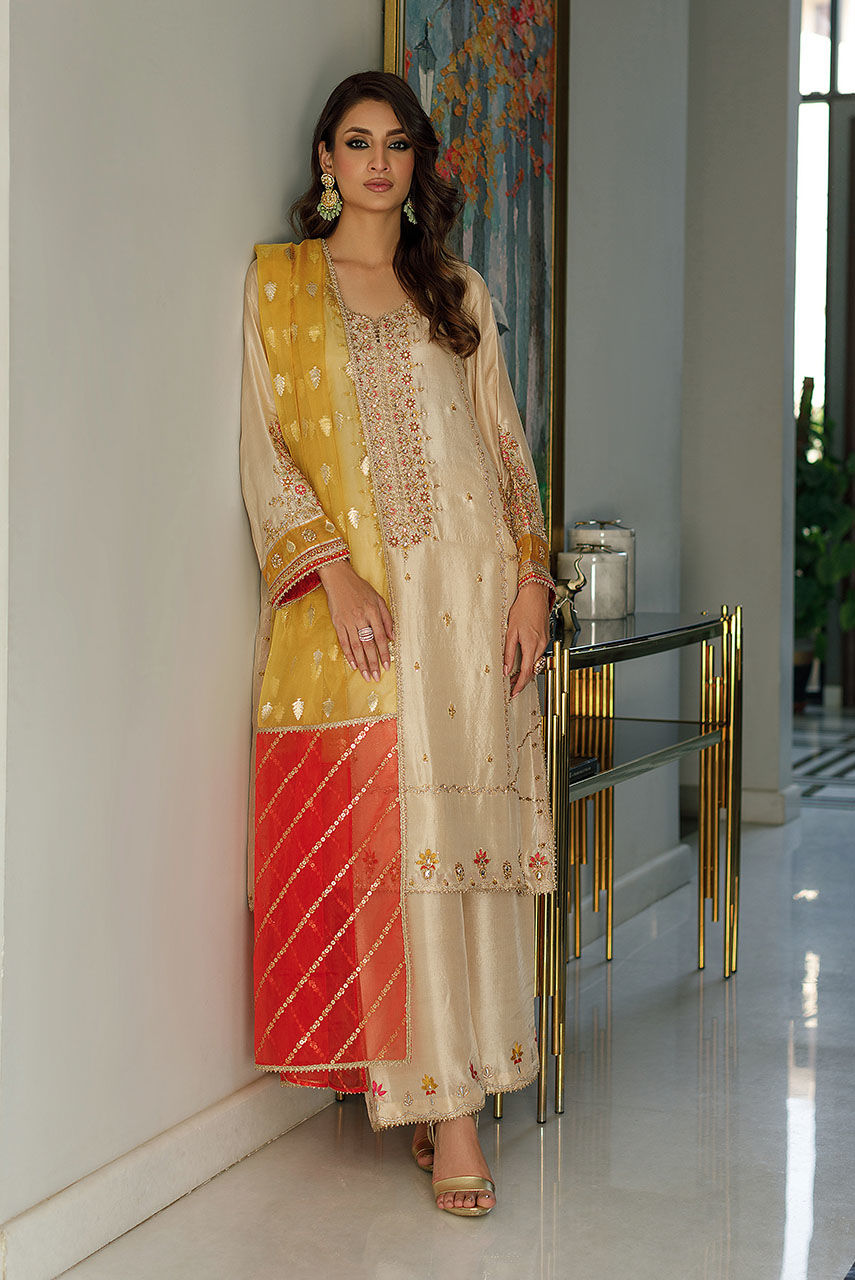 Champagne Embroidered Raw Silk Salwar Kameez (3-Piece) - Image 1