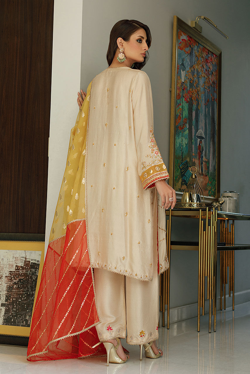 Champagne Embroidered Raw Silk Salwar Kameez (3-Piece) - Image 3
