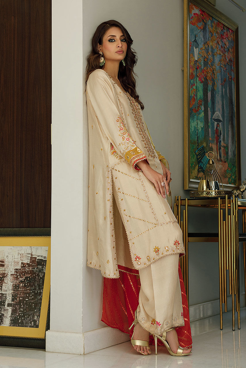 Champagne Embroidered Raw Silk Salwar Kameez (3-Piece) - Image 4