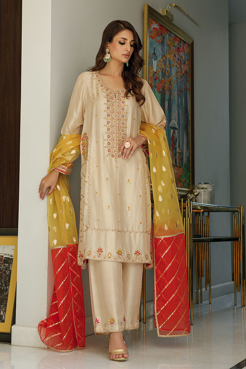 Champagne Embroidered Raw Silk Salwar Kameez (3-Piece) - Image 5