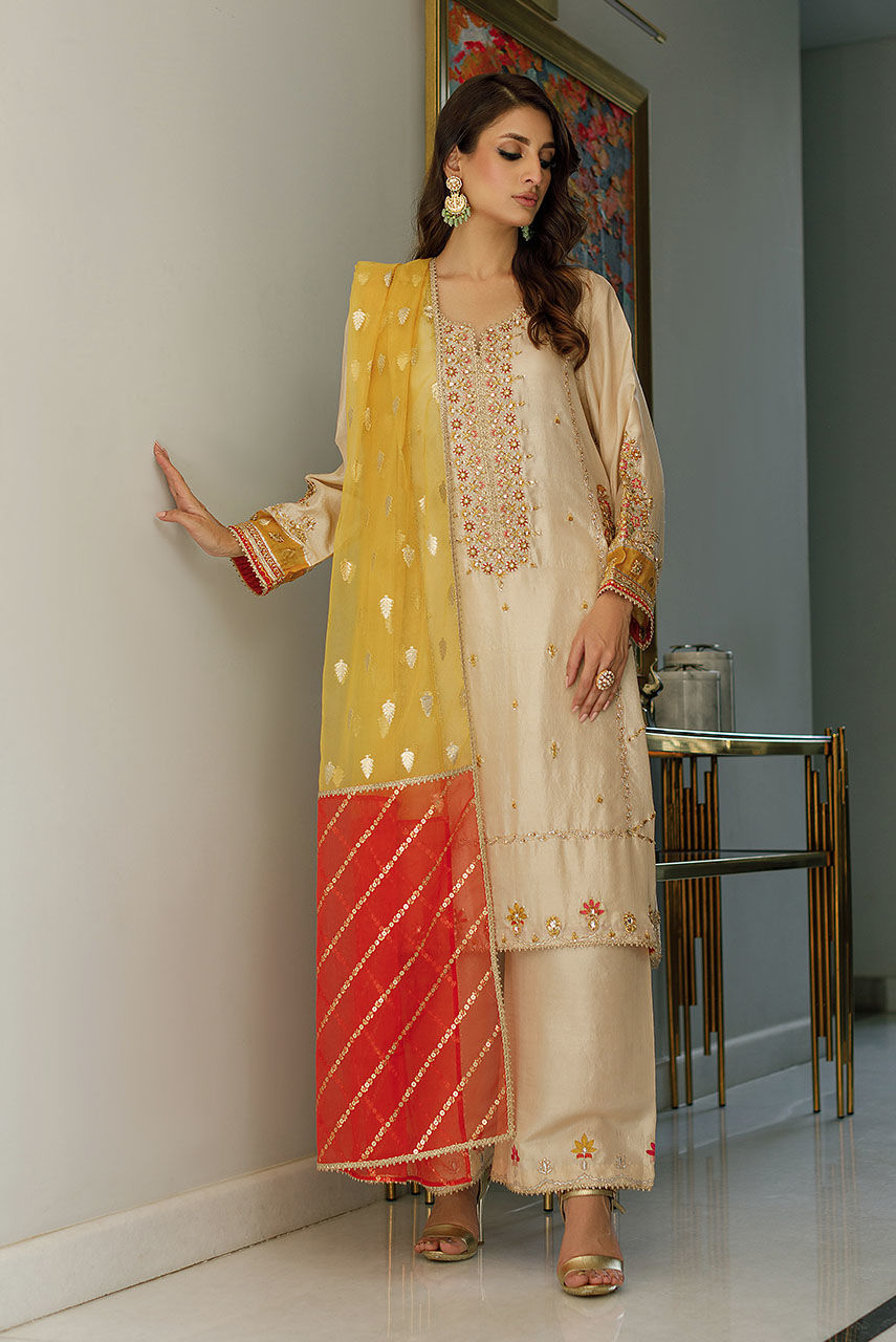 Champagne Embroidered Raw Silk Salwar Kameez (3-Piece) - Image 6