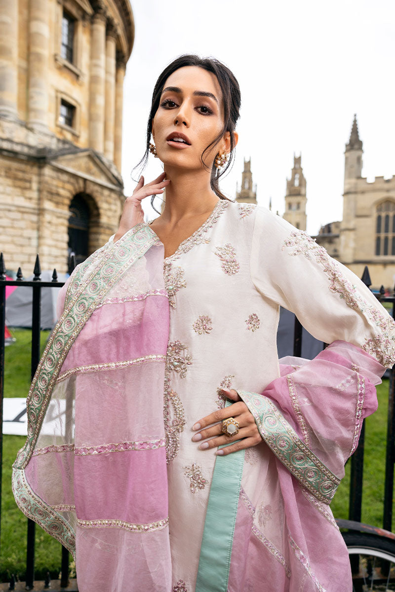 Pakistani Ivory Embroidered Raw Silk Salwar Kameez (3-Piece) - Image 2