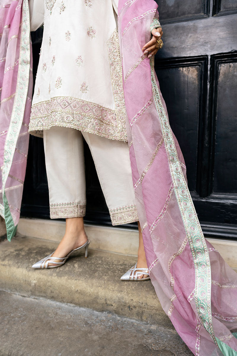 Pakistani Ivory Embroidered Raw Silk Salwar Kameez (3-Piece) - Image 3