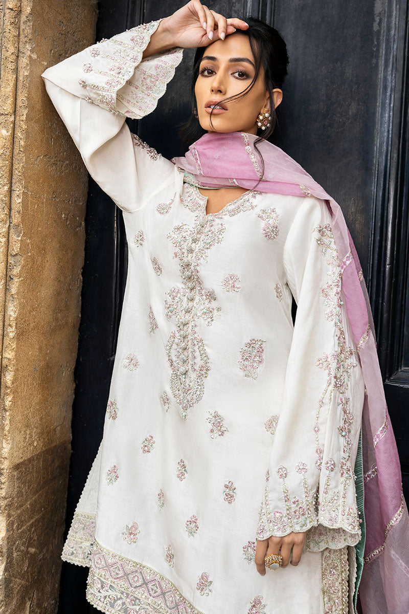 Pakistani Ivory Embroidered Raw Silk Salwar Kameez (3-Piece) - Image 7