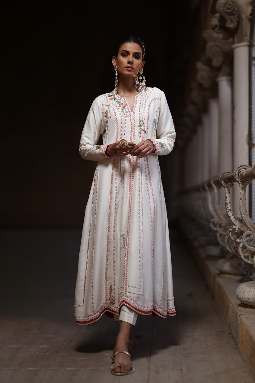 Pakistani Ivory Resham Zardozi Raw Silk Kurta (3-Piece) - Image 3