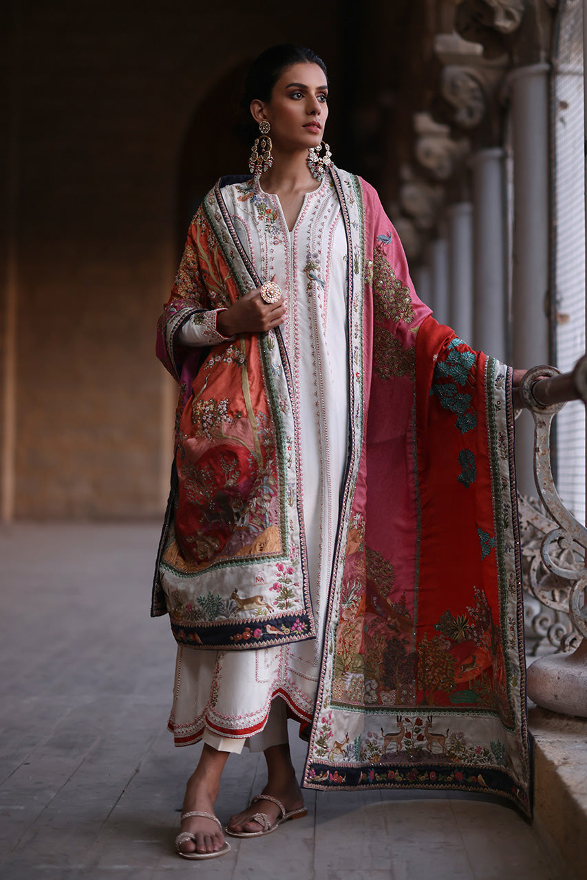 Pakistani Ivory Resham Zardozi Raw Silk Kurta (3-Piece) - Image 5