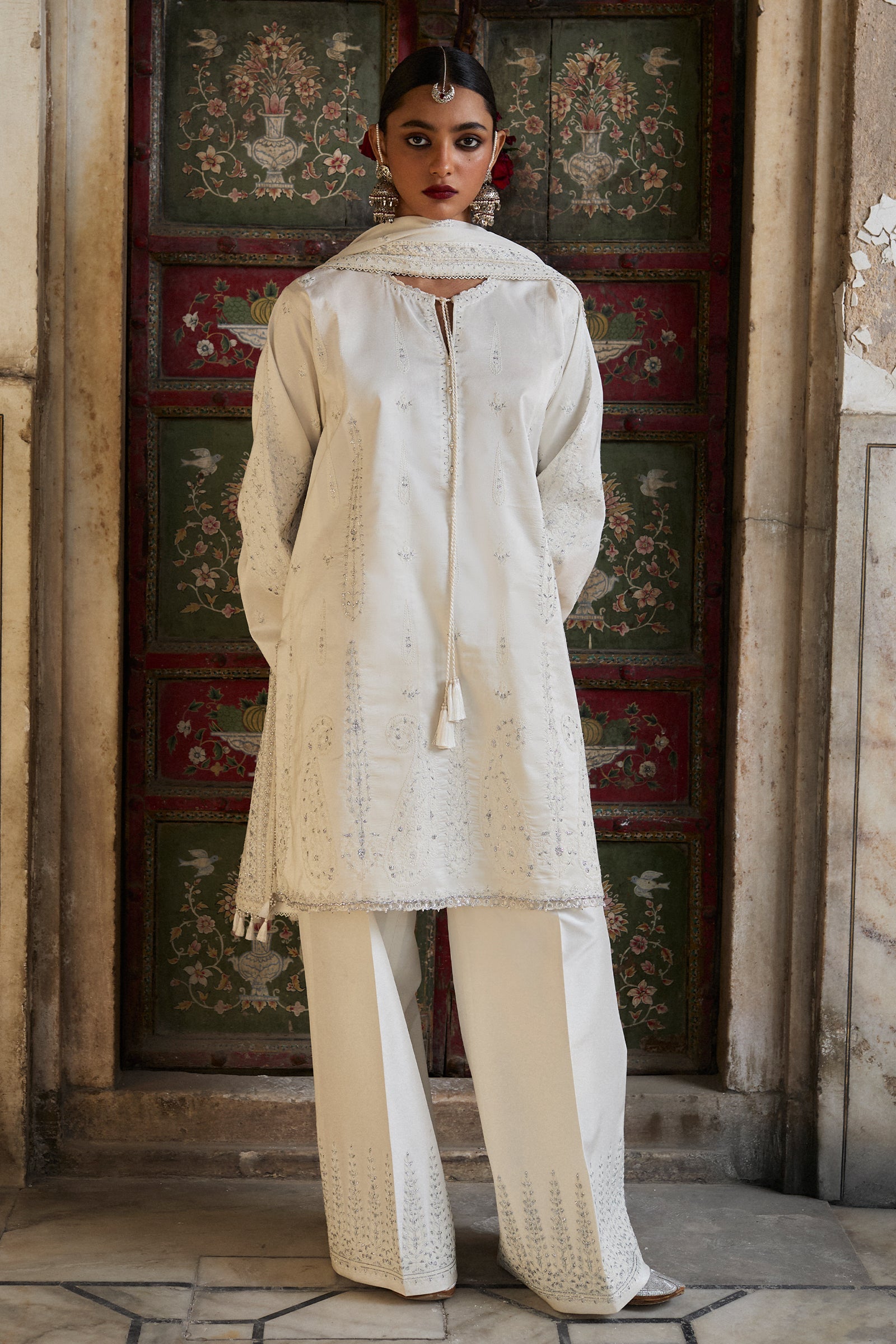 Ivory Embroidered Raw Silk Bridal Salwar Kameez (3-Piece) - Image 1