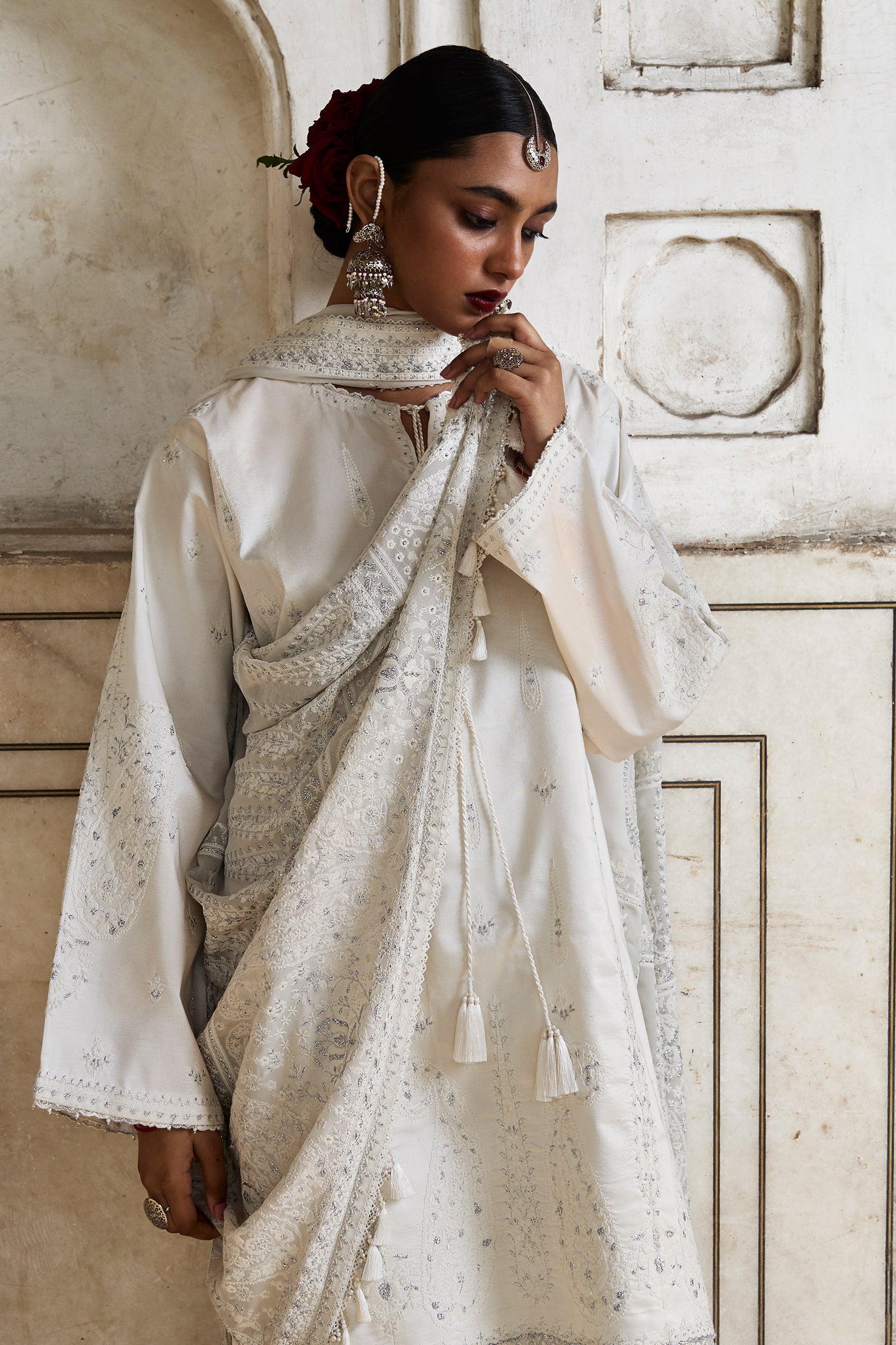 Ivory Embroidered Raw Silk Bridal Salwar Kameez (3-Piece) - Image 2