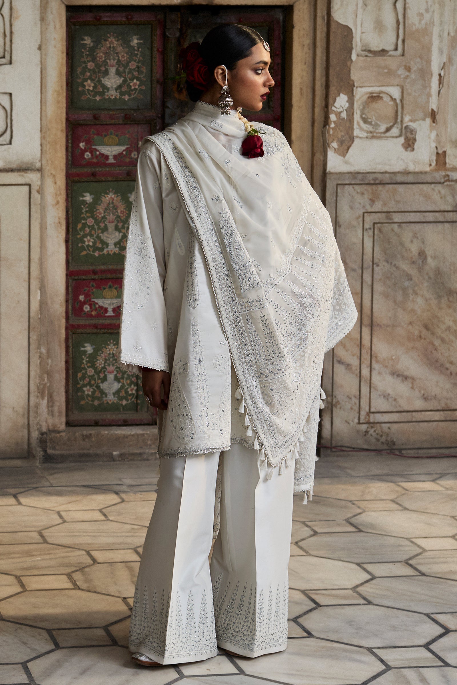 Ivory Embroidered Raw Silk Bridal Salwar Kameez (3-Piece) - Image 3