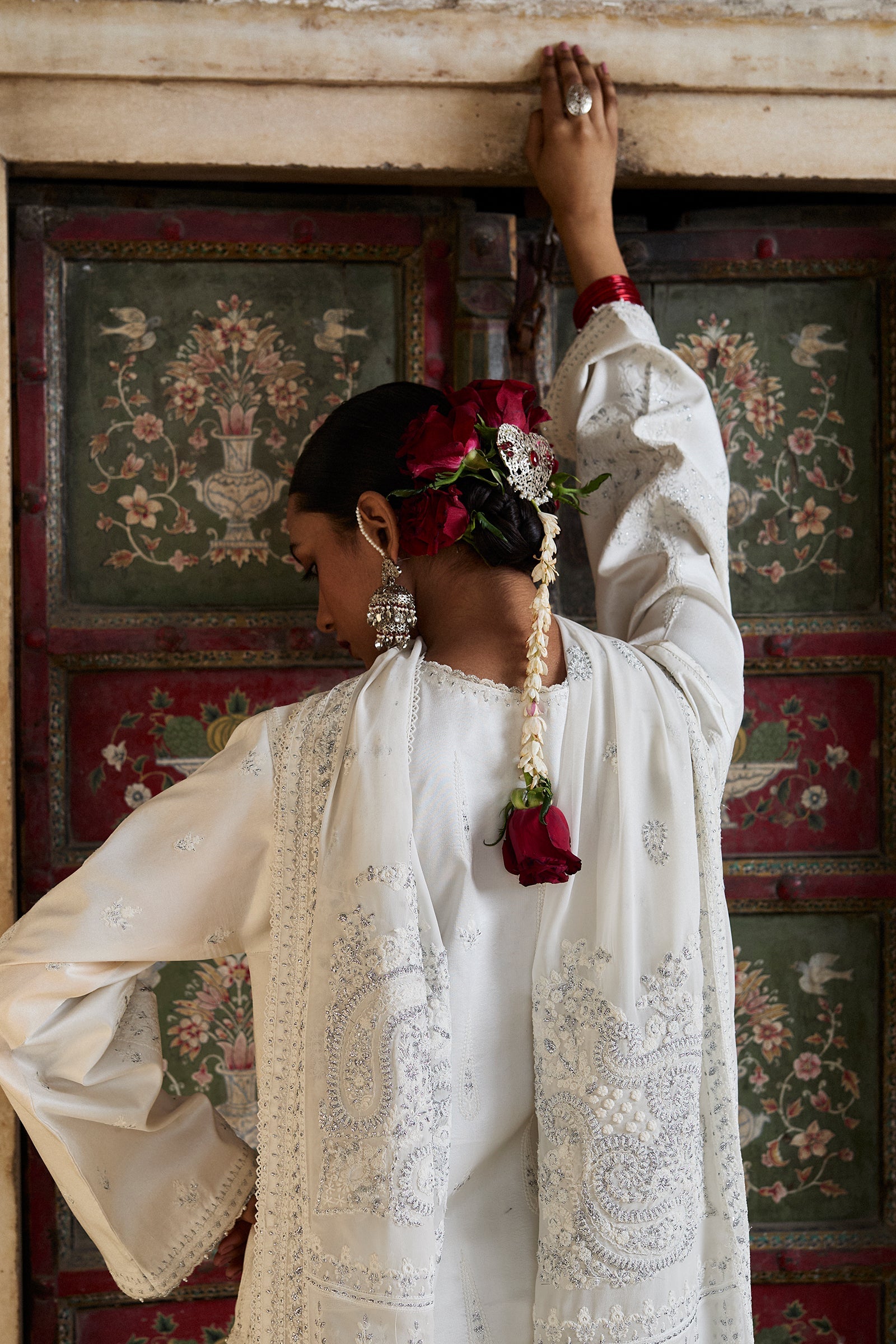 Ivory Embroidered Raw Silk Bridal Salwar Kameez (3-Piece) - Image 6