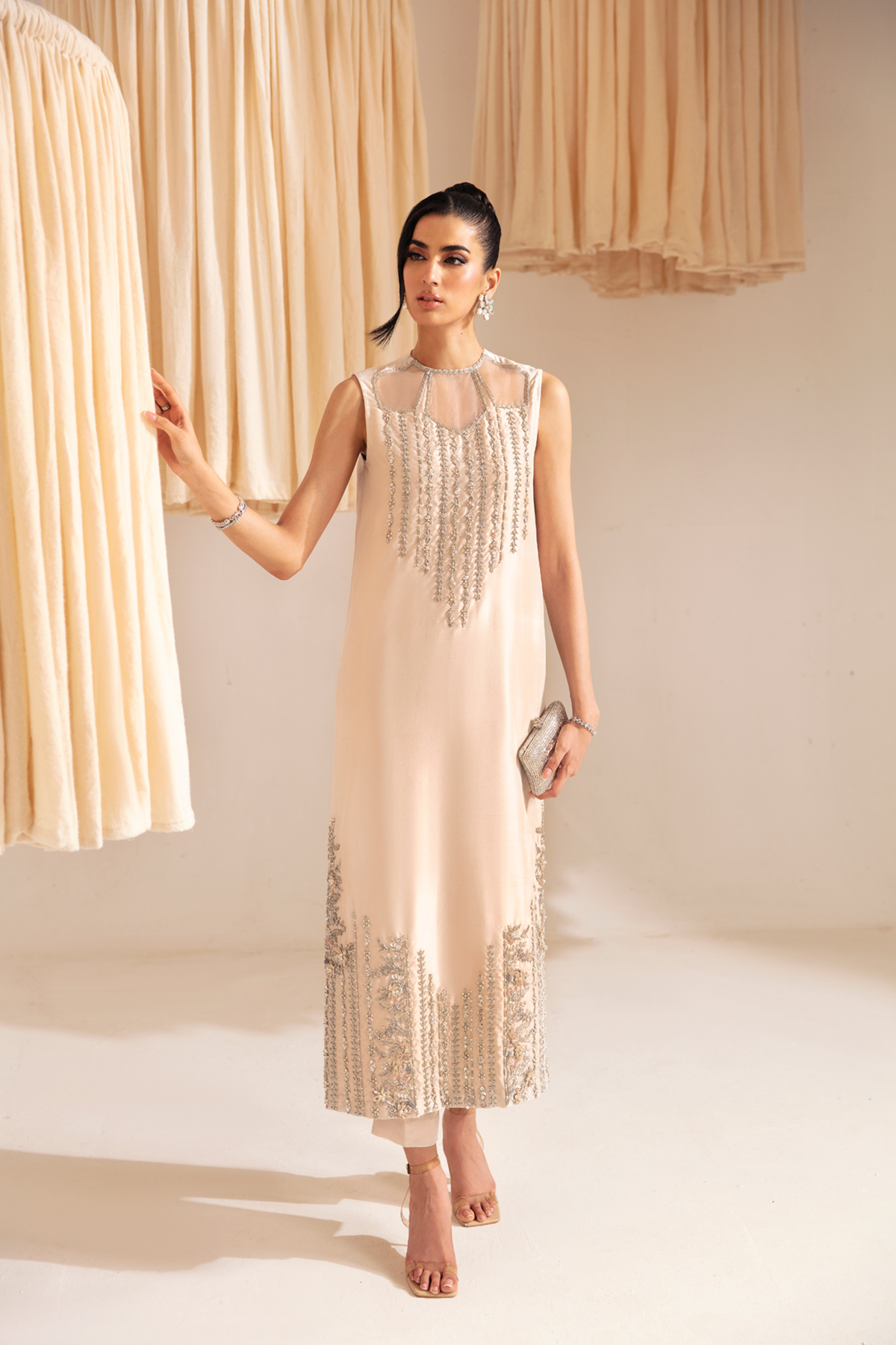 Pakistani Nude Embellished Raw Silk Salwar Kameez (2-Piece) - Image 1